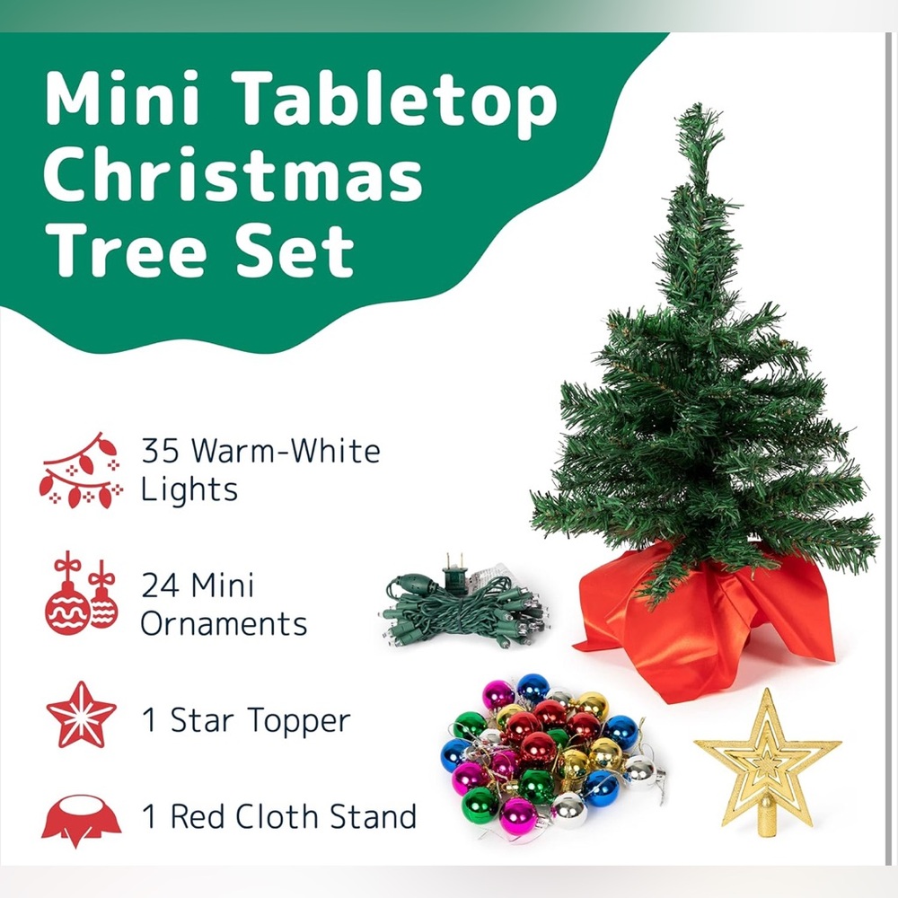 22” Tabletop Christmas Tree w/ Ornaments & Warm White Lights – New, Sealed Box!